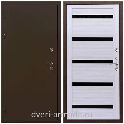 Дверь входная уличная в дом Армада Термо Молоток коричневый/ СБ-14 Сандал белый стекло черное